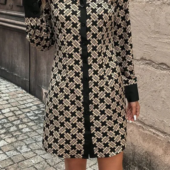 Multicolor Preppy Womens Allover Print Button Front Shirt Dress - Picture 4 of 5